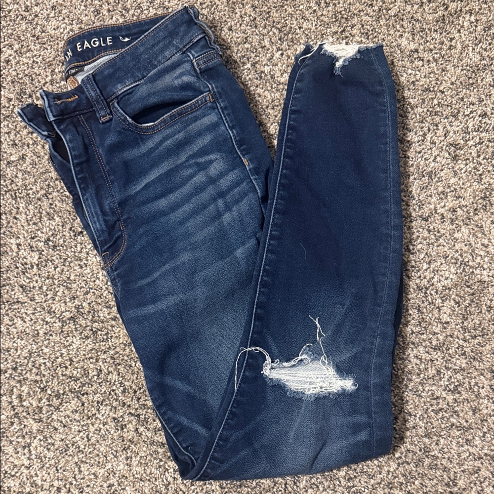 American Eagle Outfitters Women's Dark Blue Ripped Skinny Jeans